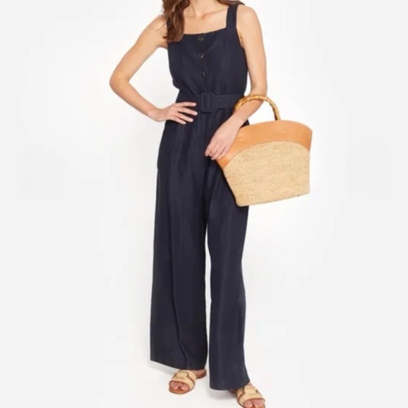 J. McLaughlin Pants - J. MCLAUGHLIN | Adalyn Wide Leg Linen Blend Jumpsuit in Navy Blue | 4